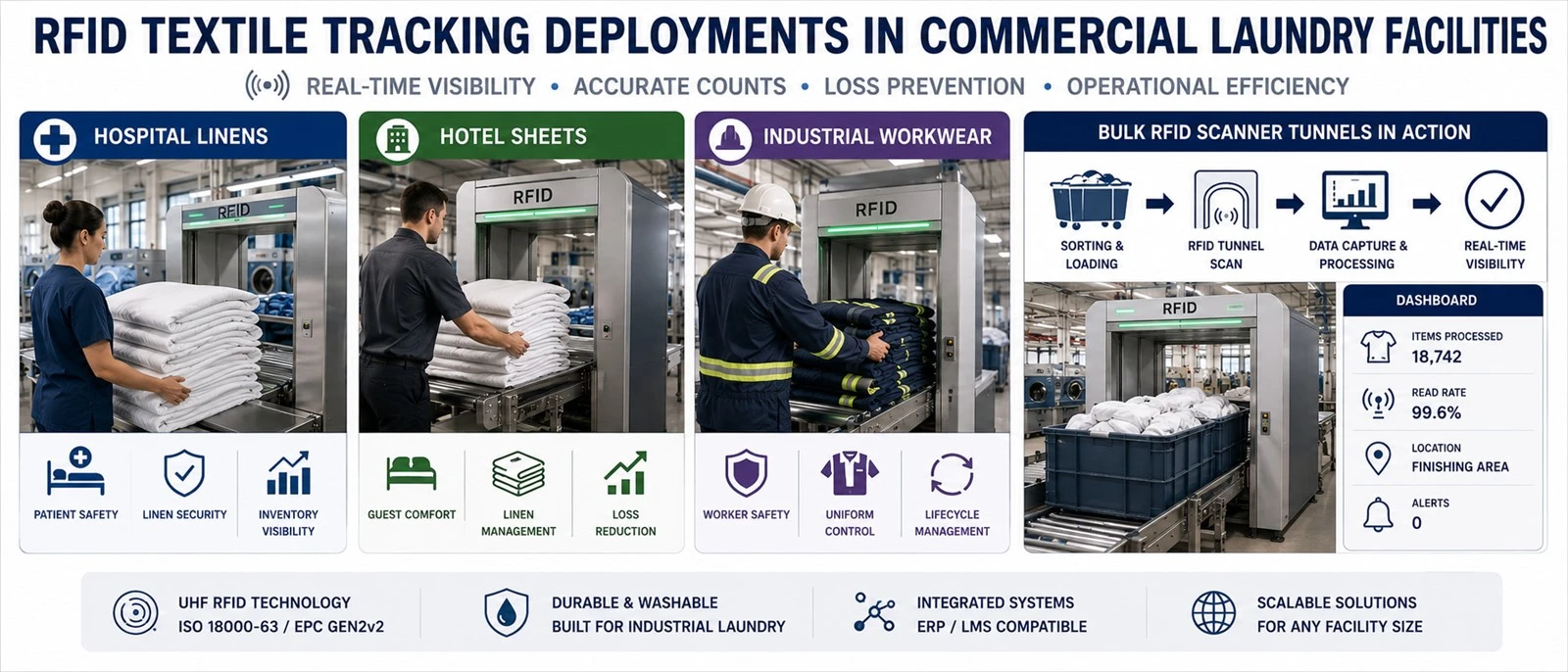 RFID textile tracking deployments in commercial laundry facilities managing hospital linens, hotel sheets, and industrial workwear uniforms with bulk scanner tunnels RFID textile tracking deployments in commercial laundry facilities managing hospital linens, hotel sheets, and industrial workwear uniforms with bulk scanner tunnels